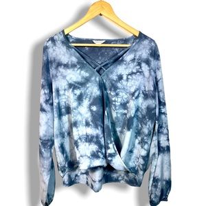 AE'RO womens top  wrap style top criss cross Large rayon blue tie dye styling